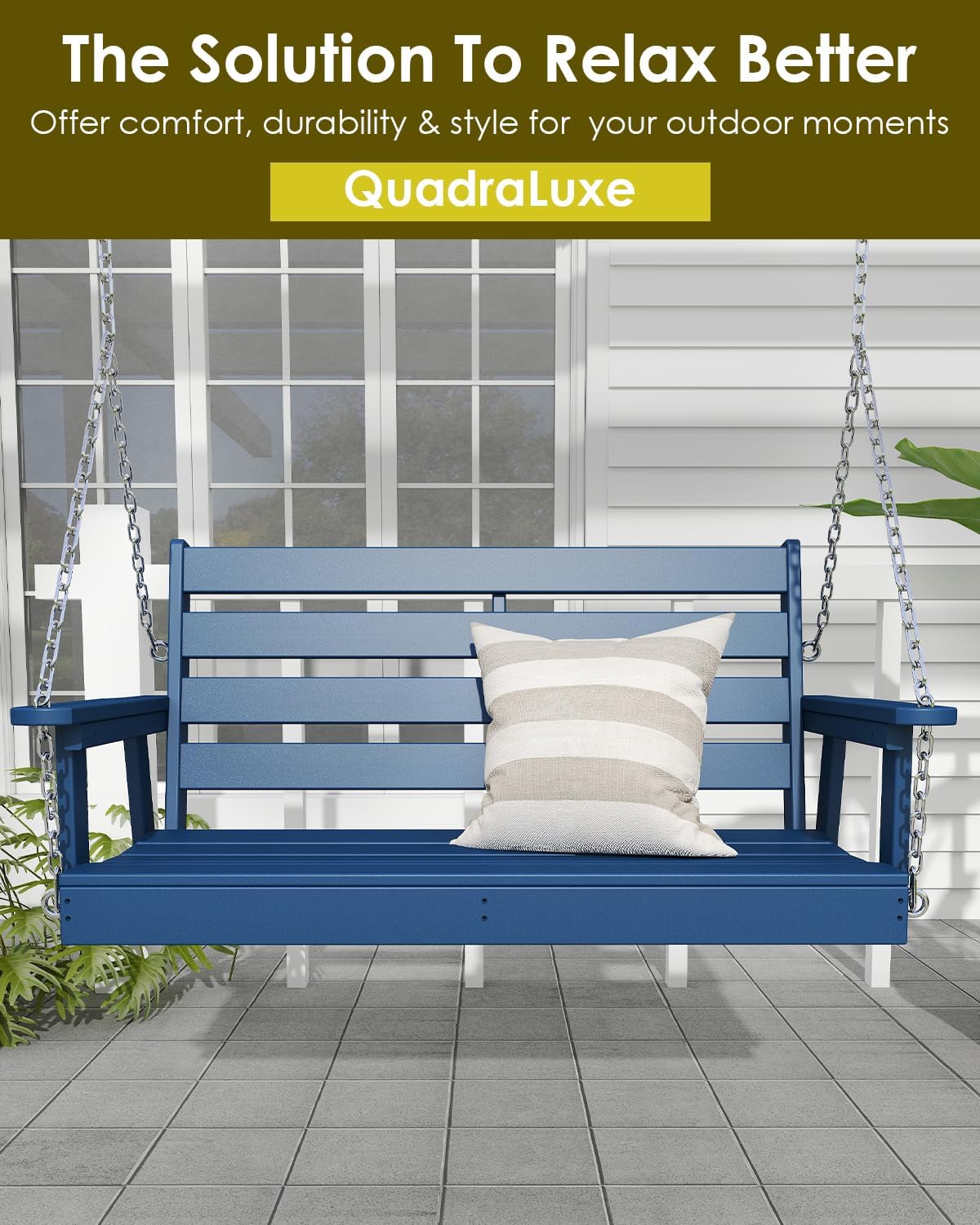 GREENVINES Porch Swing | 51'' | HDPE Plastic | for Outdoor Patio | All Weather | Waterproof Bench Swings | w/ 4 Stainless Steel Chains | Blue