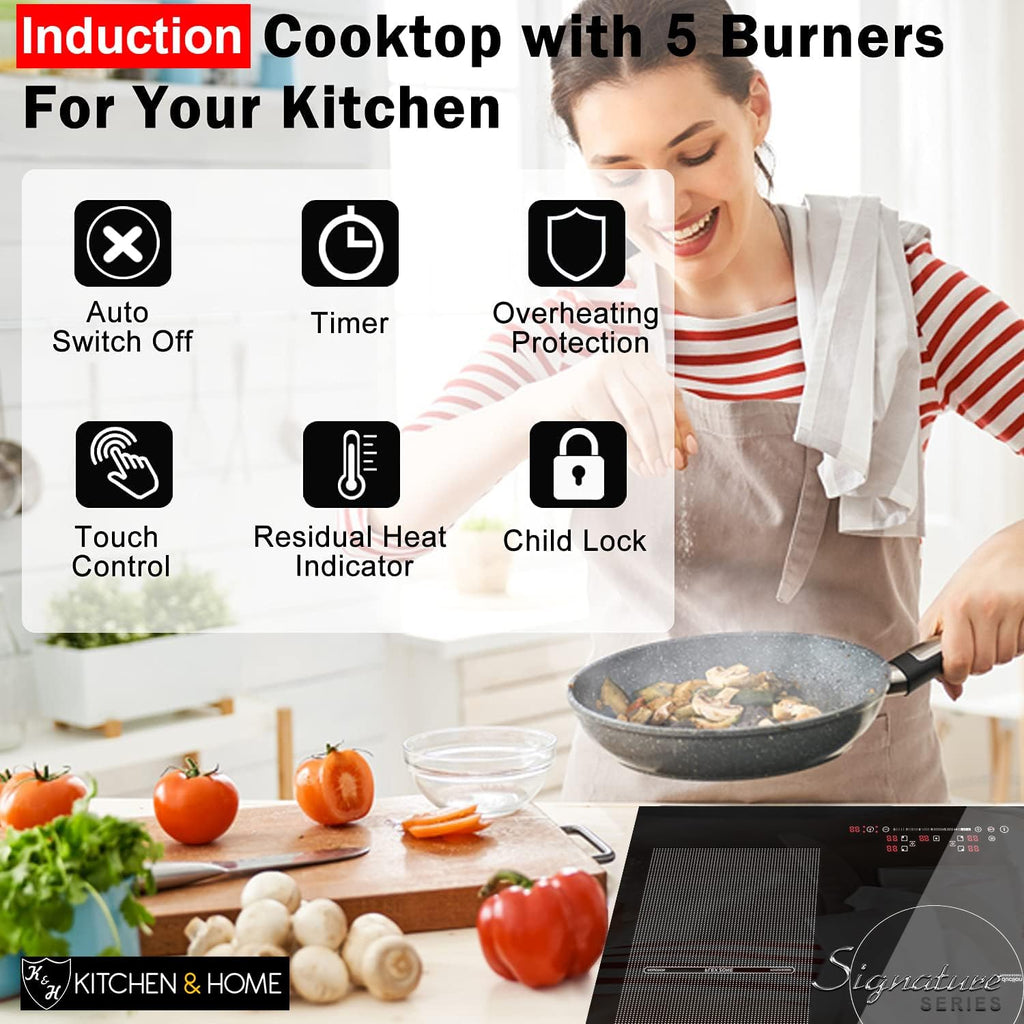 K&H 5 Burner Induction Cooktop - 36 Inch Built-In Electric Cermic Stove Top - 17 Heating Levels, 240V, 9400W High-Power Built-in Electric Stove Top - Child Lock, Timer & Touch Control - IN36-9400FLX