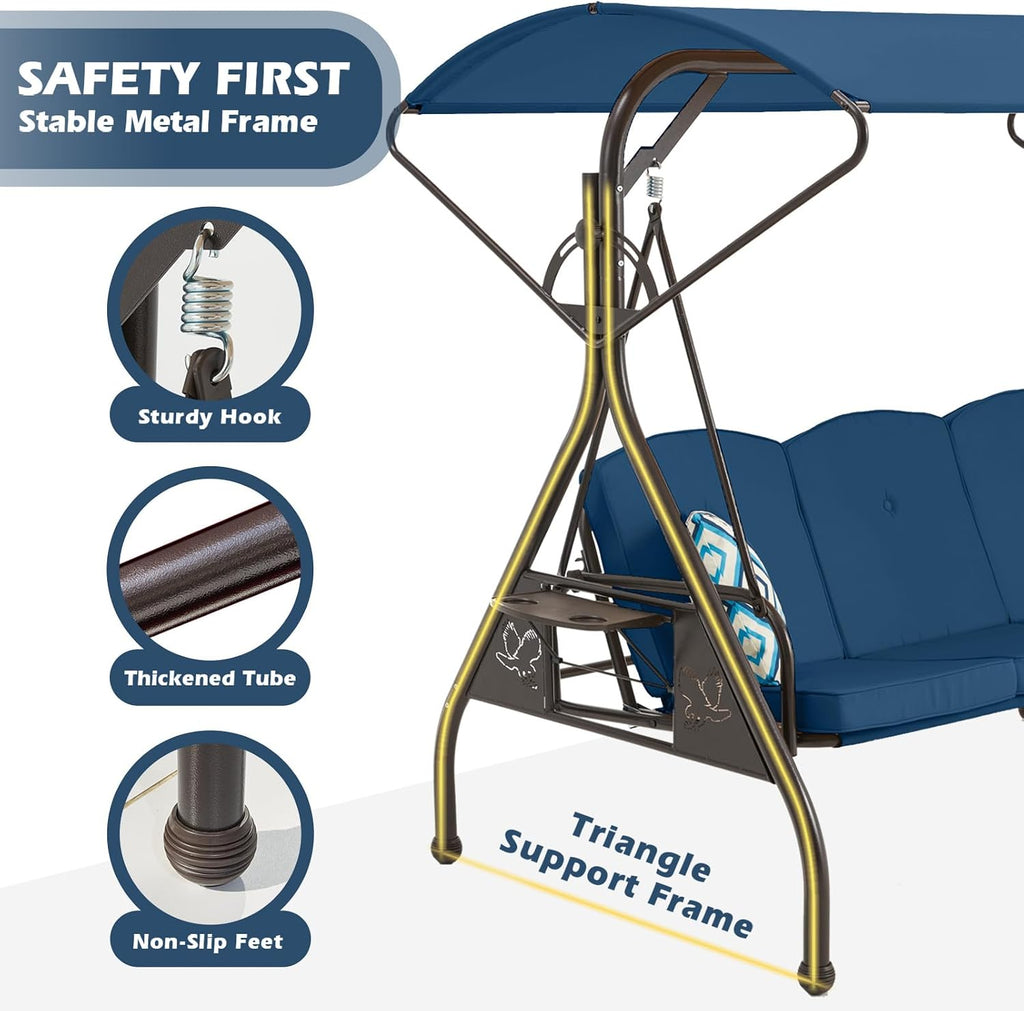 ZZW 800LBS Patio Swing with Canopy 3 Seat Outdoor Porch Swing with Stand w/Cup Holder & Pillow Glider Chair Swing Bed for Patio Backyard Poolside (Blue)