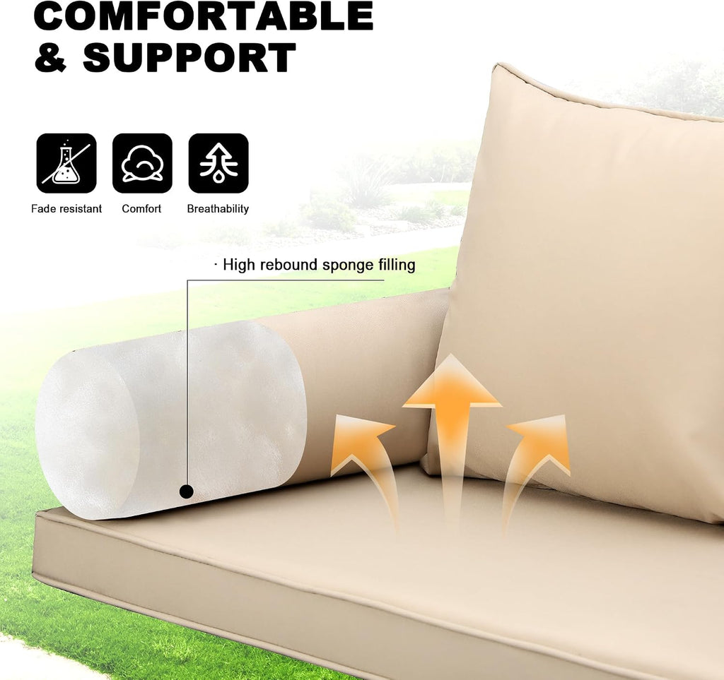 Wicker Porch Swing, 3-Seats Rattan Hanging Swing Chair, Outdoor Patio Grey Rattan Swing Bench with Cushions & Foldable Tray for Patio Backyard Poolside Garden, Khaki