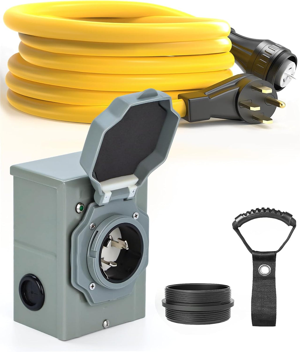E-SDS 50 Amp Generator Cord 15FT and Power Inlet Box Kit, 125/250 Volt 50 Amp Generator Inlet Box with NEMA14-50P/SS2-50R Extension Cord for RV Camper and Generator to House