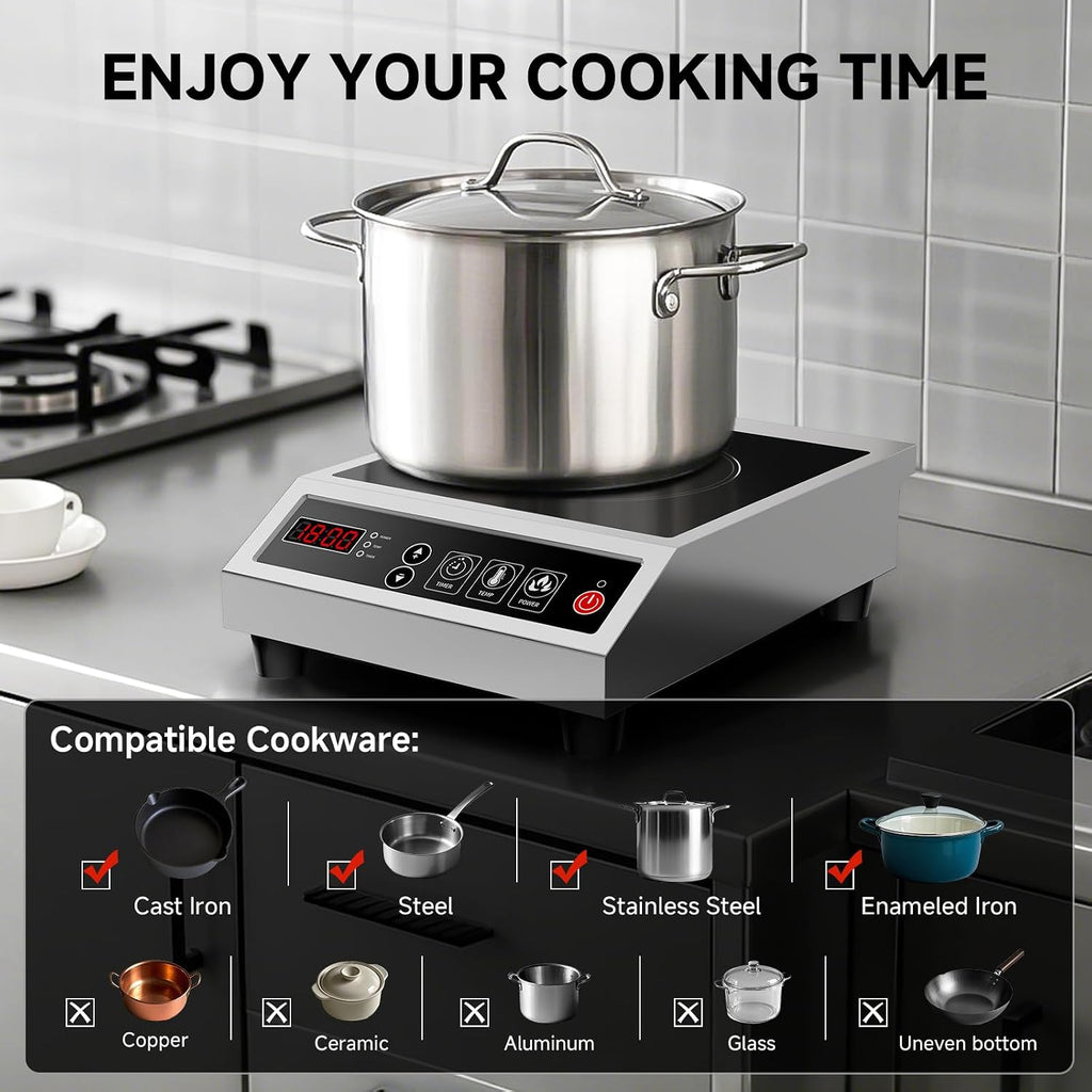 Induction Cooktop Commercial 1800W, Portable Countertop Burner with 8' Fast Heating Coil, 11 Temp/Power Levels, 24H Timer Stainless Steel Electric Stove for for RV Home Kitchen