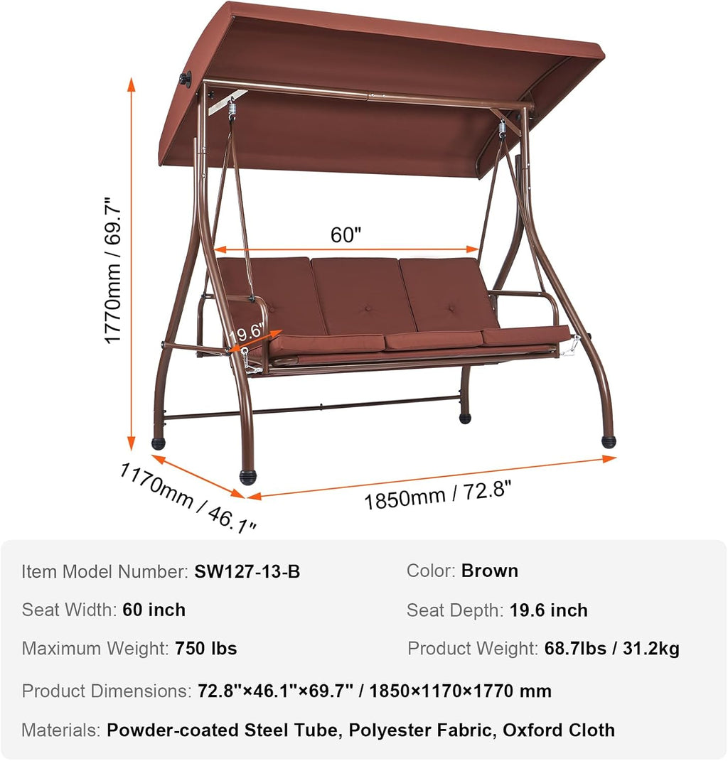 VEVOR 3-Seat Patio Swing Chair, Converting Canopy Swing, Outdoor Patio Porch with Adjustable Canopy, Removable Thick Cushion and Alloy Steel Frame, for Balcony, Backyard, Poolside, Brown