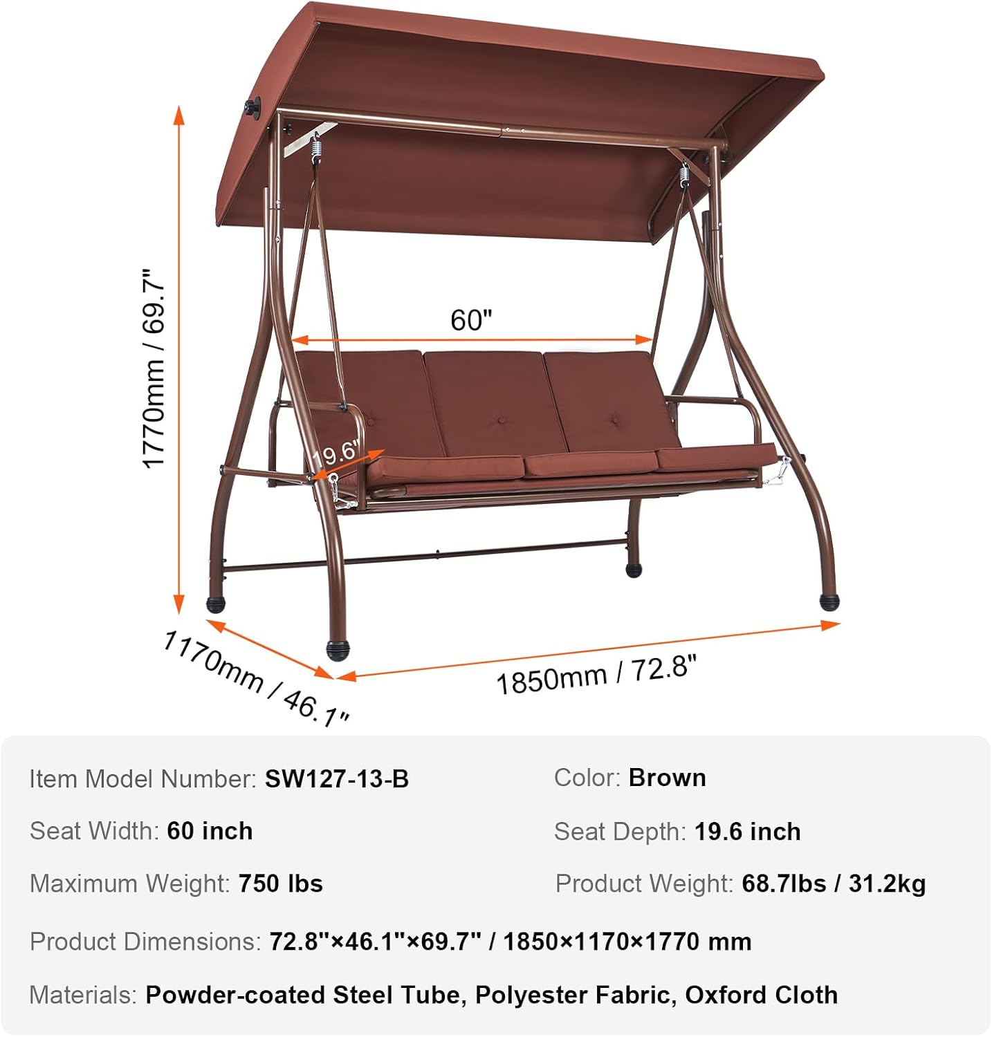 VEVOR 3-Seat Patio Swing Chair, Converting Canopy Swing, Outdoor Patio Porch with Adjustable Canopy, Removable Thick Cushion and Alloy Steel Frame, for Balcony, Backyard, Poolside, Brown