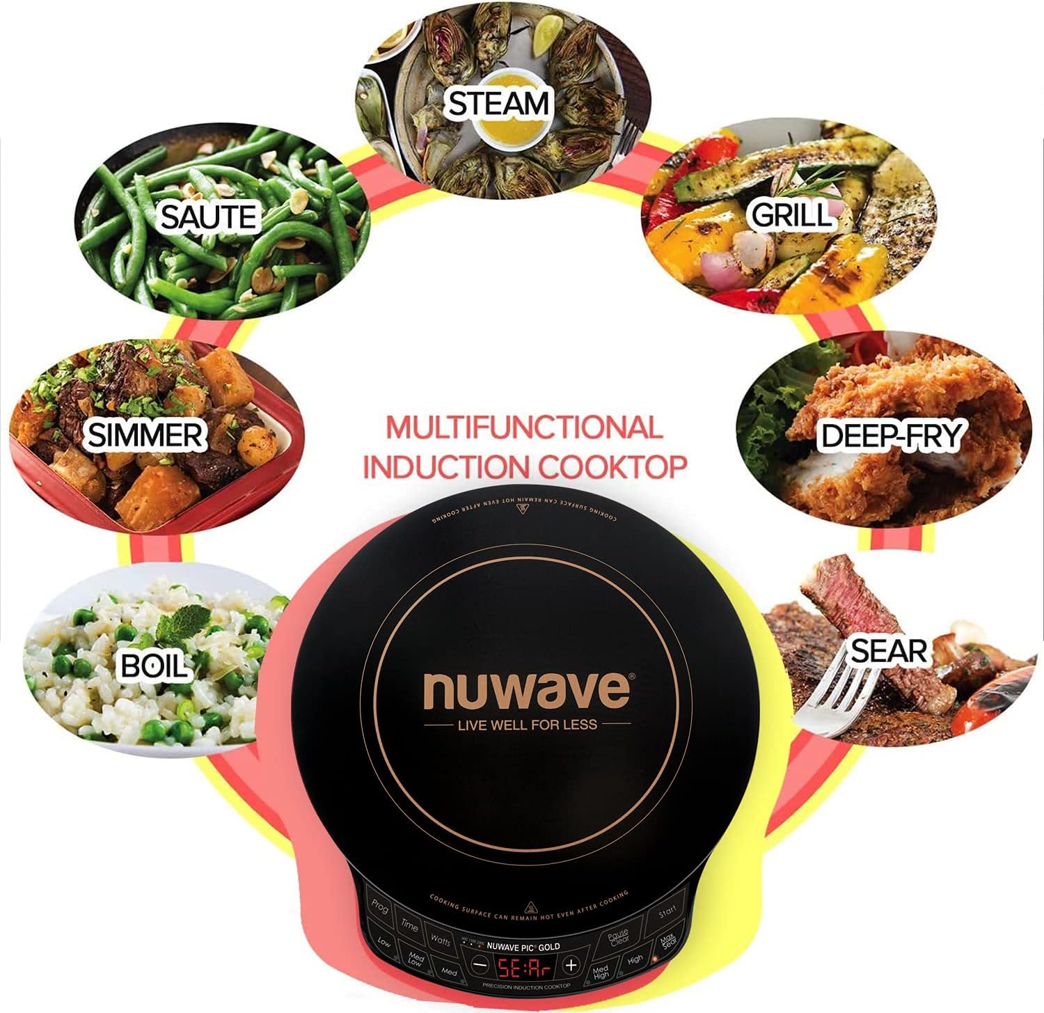 Nuwave Gold Precision Induction Cooktop, Portable, Powerful with Large 8' Heating Coil,100°F to 575°F, 3 Wattage Settings, 12' Heat-Resistant Cooking Surface