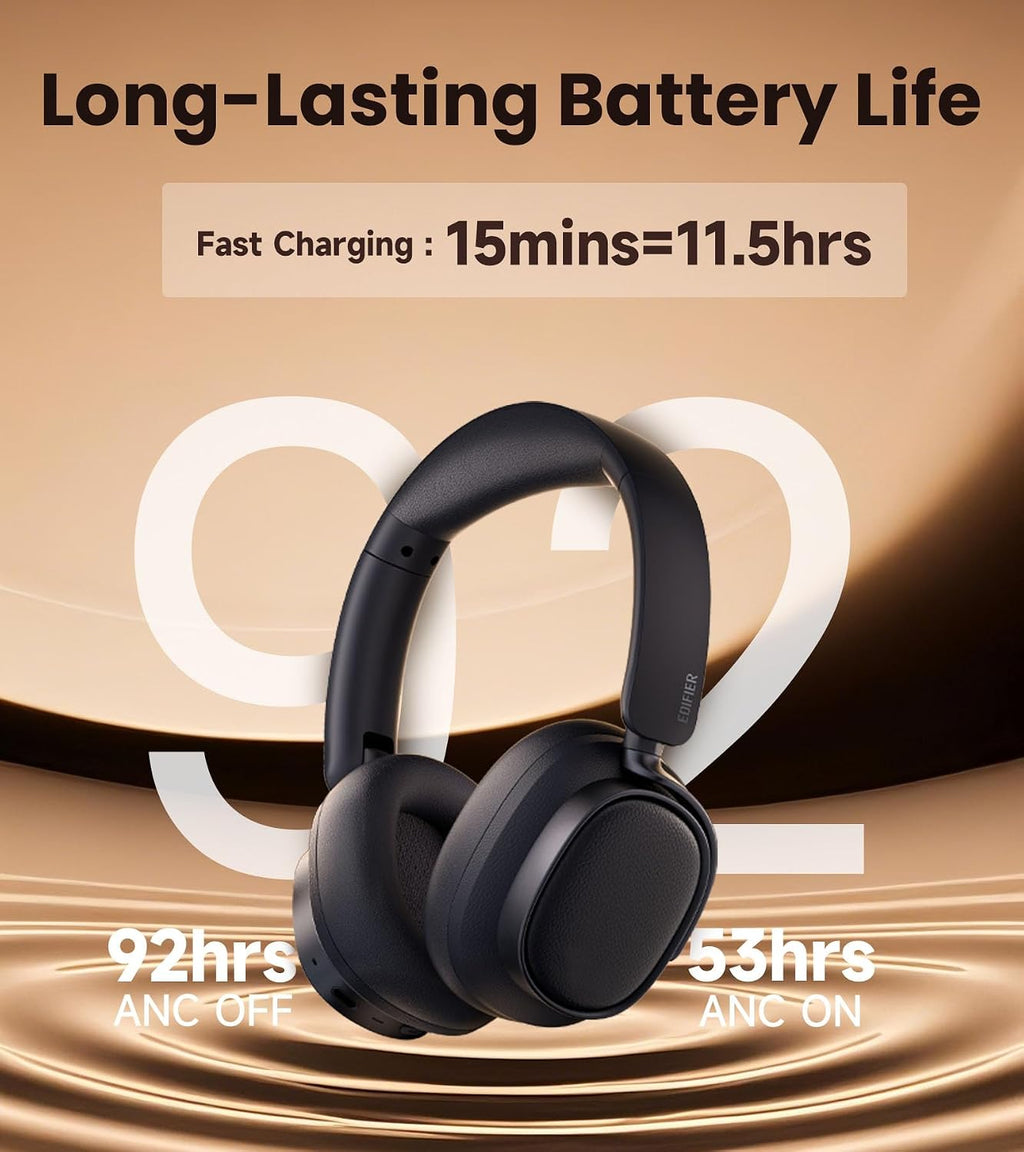 Edifier ES850NB Active Noise Cancelling Headphones, Over Ear Bluetooth Headset, 92H Playtime Wired & Wireless Hi-Res Audio Certified, Fast Charging Clear Calls for Home Office Travel (Black)