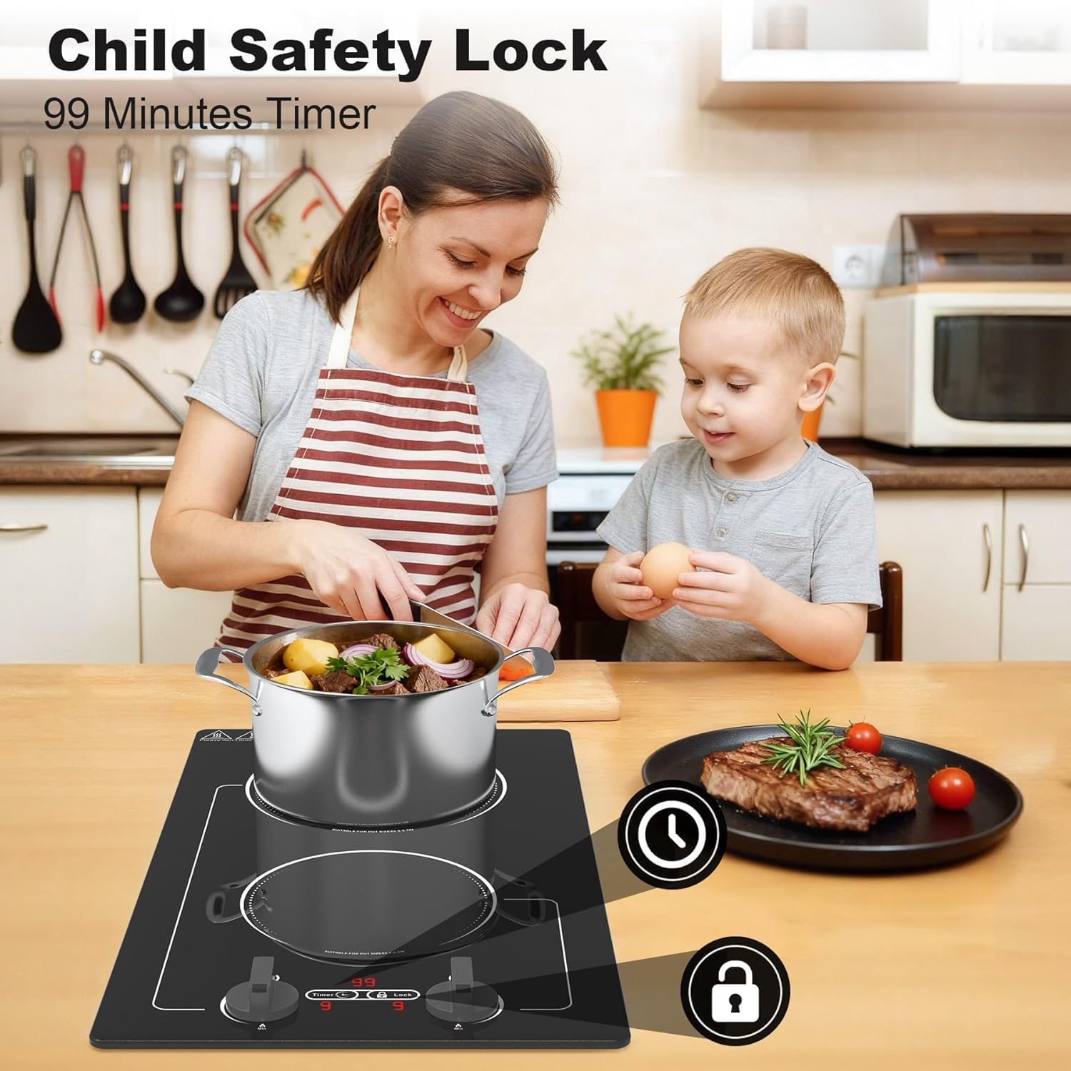 VBGK 2 burner Induction cooktop,110V 2300W double burner hot plate with LED Touch Screen, 9 Power Levels, Kids Lock & Timer, Overheat Protection, knob and touch control Double Induction Cooktop