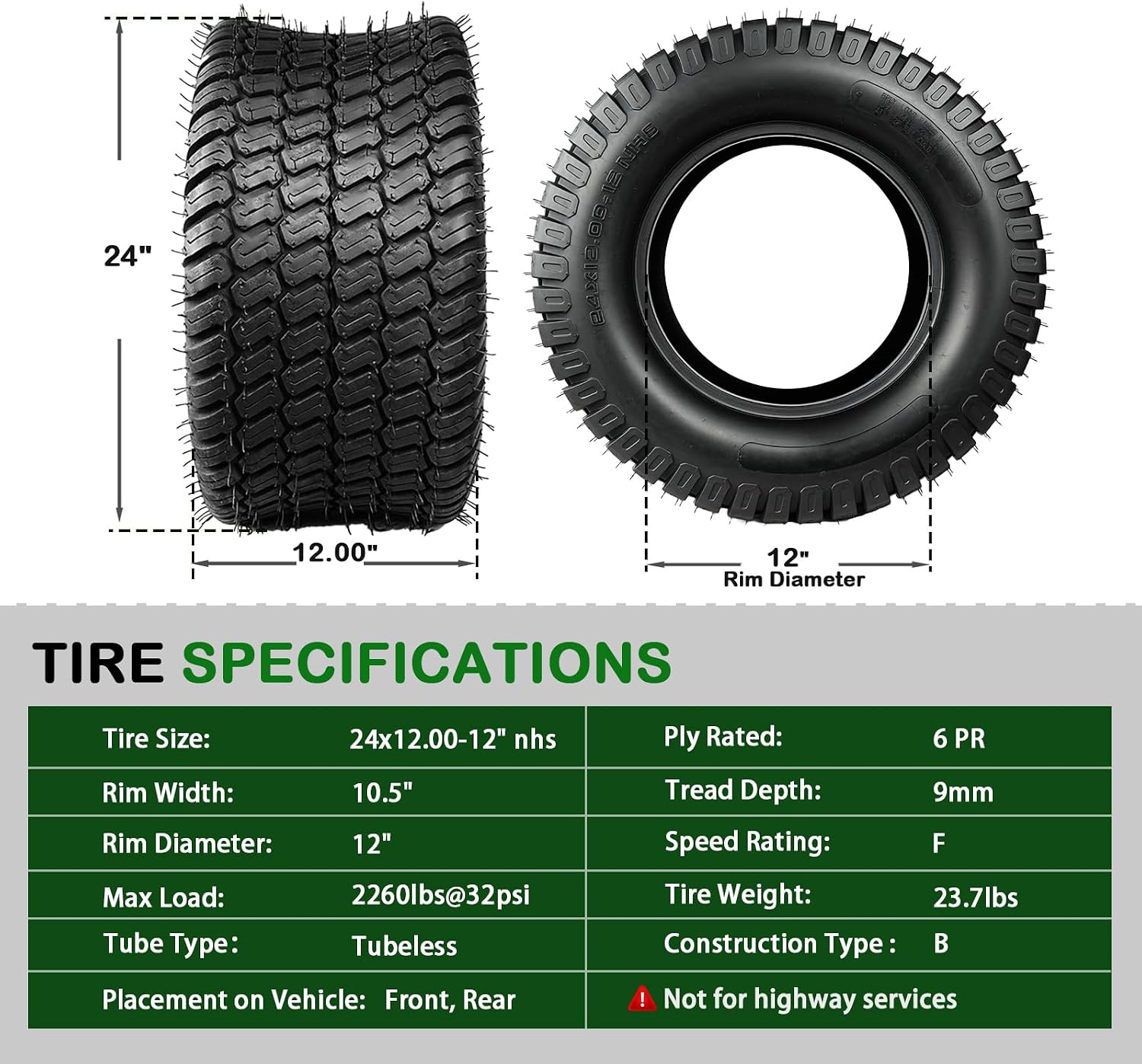 TRIPOWER 24x12.00-12 Lawn Mower Tires, Set of 2, 6PR Tubeless NHS Turf Tires for Riding Mowers and Lawn & Garden Tractors, Tire Only, Rim Not Included