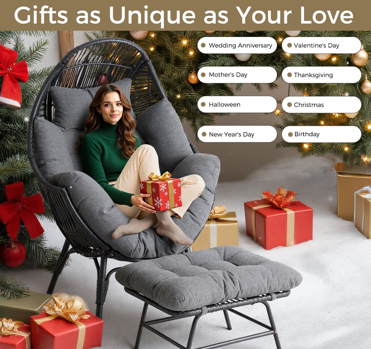 IRONCK Wicker Outdoor Egg Chair with Ottoman, Patio Lounge Chair with Footrest, Thickened Padded Cushion and Headrest, Egg Seat for Patio, Living Room, Garden, Balcony, Dark Gray