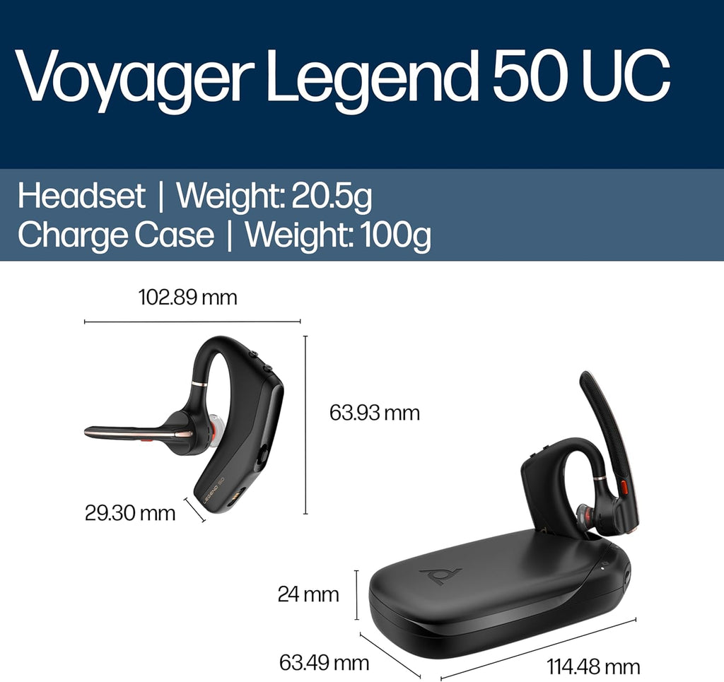 Poly Voyager Legend 50 UC Bluetooth Headset with Charging Case - 4 Noise-Canceling Mics, AI NoiseBlockAI & WindSmart Tech - Bluetooth Headphones with Mic, Smart Call Controls, All-Day Comfort
