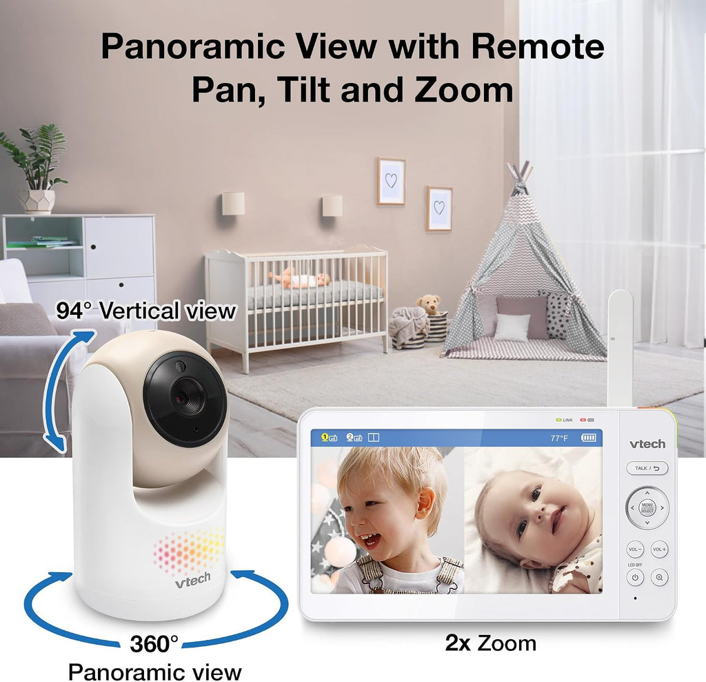 VTech 2-Cameras Video Baby Monitor with 7' Color LCD Screen, Rechargeable Battery, Video and Audio Streaming, Pan-Tilt-Zoom, Touch Multi-Color Night Light, Two-Way Talk: Advanced Max Twin (Tan)