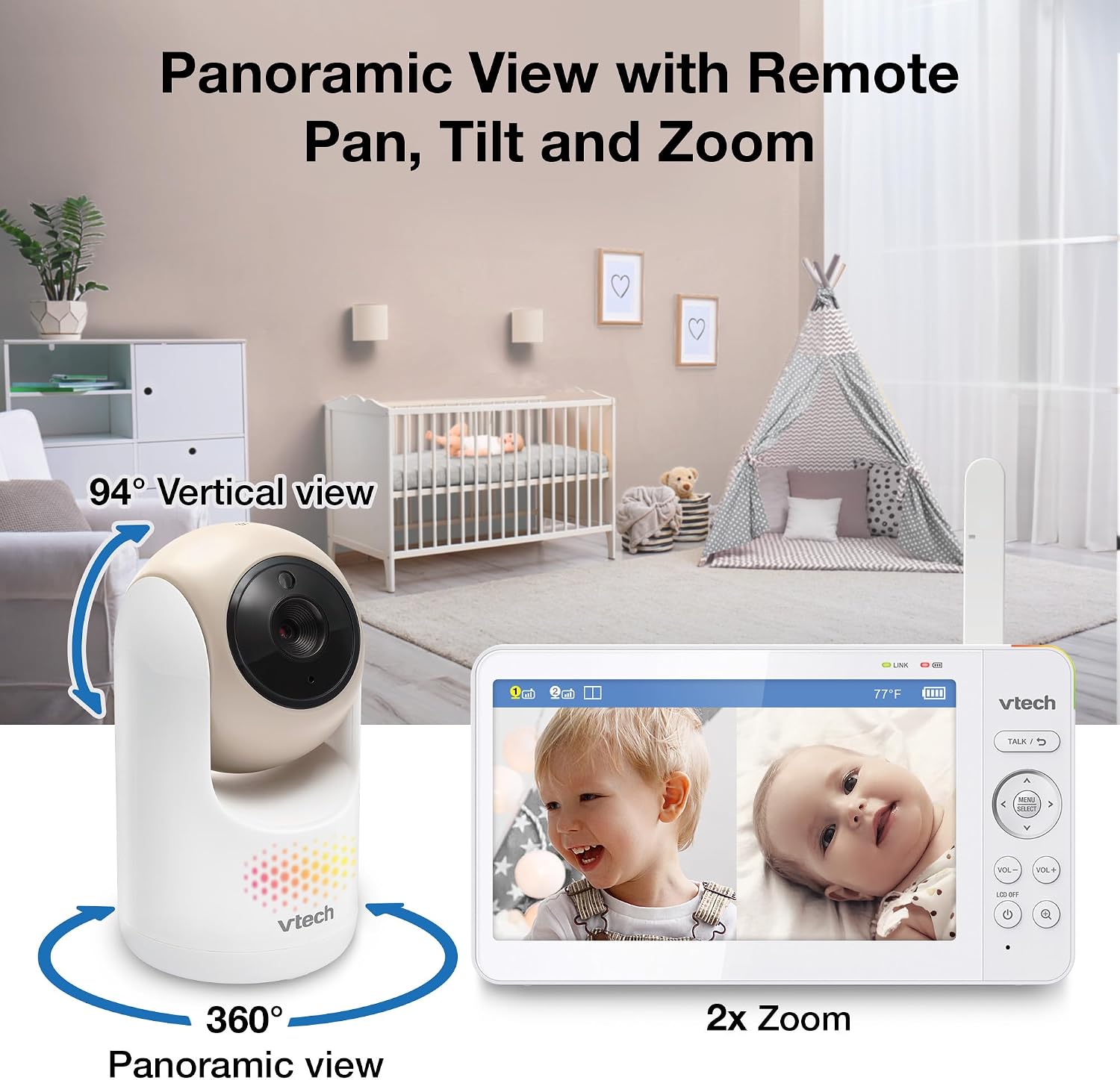VTech 2-Cameras Video Baby Monitor with 7' Color LCD Screen, Rechargeable Battery, Video and Audio Streaming, Pan-Tilt-Zoom, Touch Multi-Color Night Light, Two-Way Talk: Advanced Max Twin (Tan)