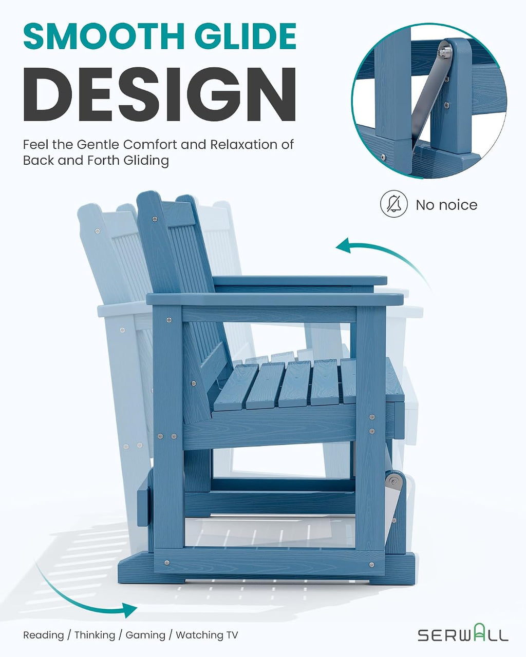 SERWALL 2 Person Patio Glider Rocking Chair, HDPE Material Weather-Resistant Swinging Bench for Outdoor Porch Garden, Navy