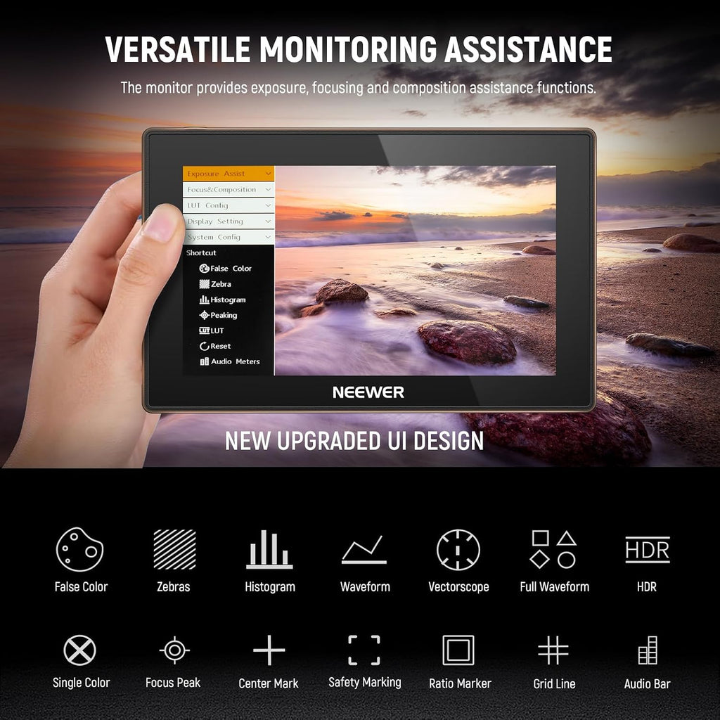 NEEWER 5.5' Camera Field Monitor, 2000nit HD 1920x1080 IPS Touch Screen, 4K HDMI Loop in/Out with 3D LUT Peak Focus DSLR Video Assist HDR Waveform, 5200mAh F750 Battery, DC7-24V/Type C 5V In, F500 PRO