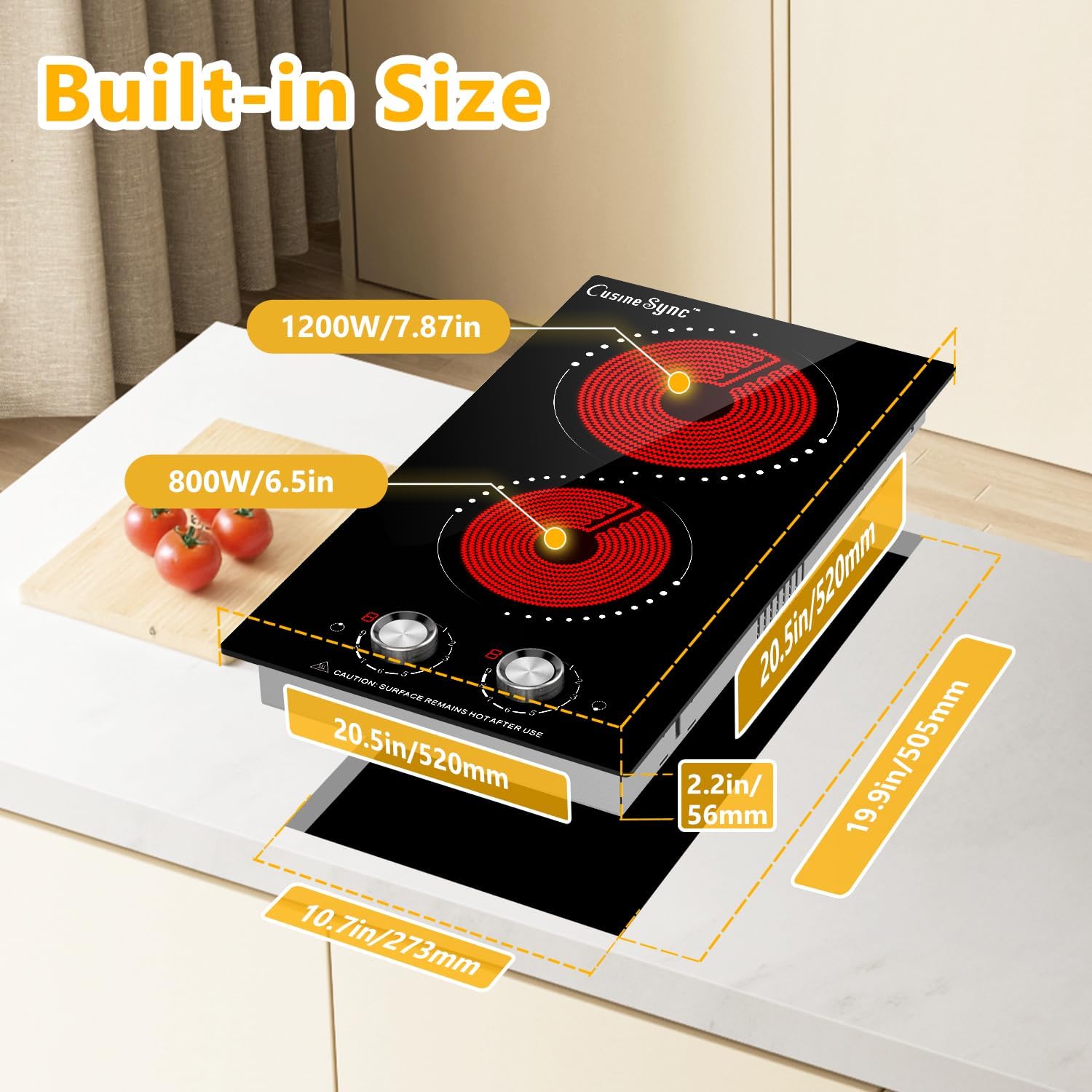 Portable Electric Cooktop 2 Burner 110V Plug in, 12 Inch 2000W Electric Stove Top with Knob Control, Countertop or Built-in Ceramic Hot Plate, for RV Dorm Apartment Kitchen Cooking