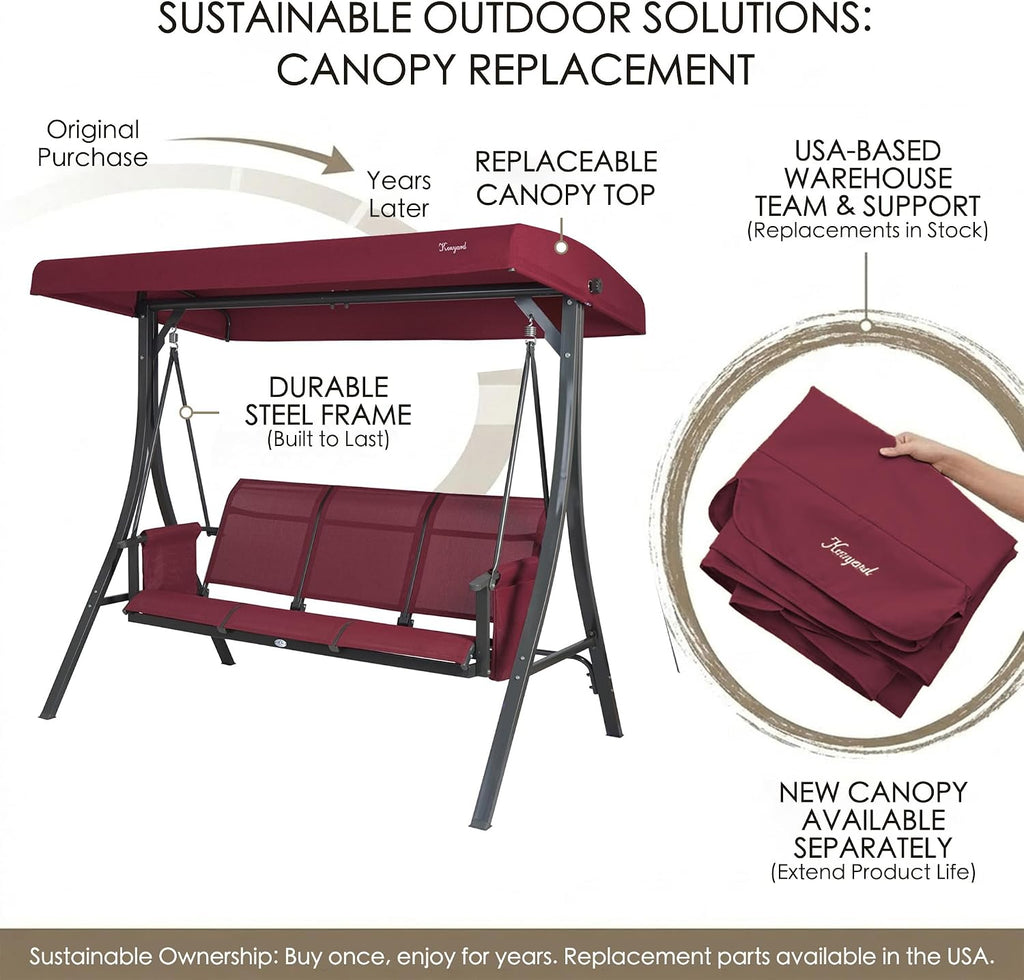 Kozyard Brenda 3-Seat Outdoor Porch Swing Glider, Patio Swing with Adjustable Canopy, Steel Frame, Breathable Textilene Seat & Back, Side Pockets (Burgundy)