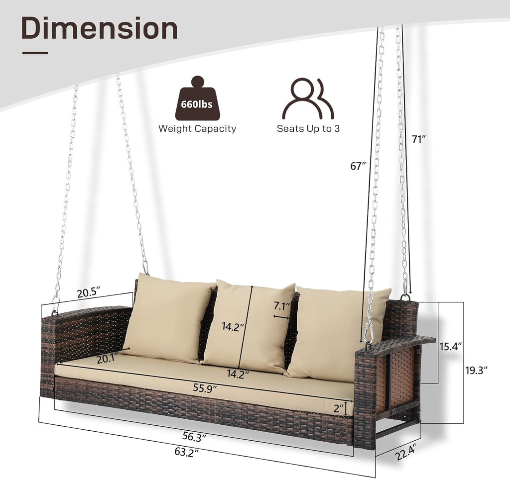 Outvita Porch Swing, 5FT Hanging Outdoor Porch Swings for Adults, Wicker 3 Person Patio Swing, with Cushion, Pillow and Chain for Garden, Backyard, Weight Capacity - 1000lbs