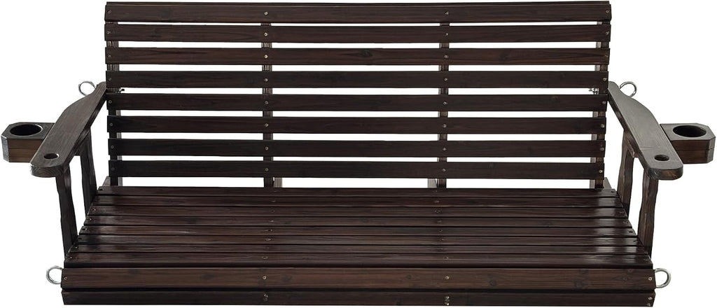 Fortune Candy Wooden Porch Swing 3-Seater, High Backrest and Deep Seat, Bench Swing with Cupholders, Hanging Chains and 7mm Springs, Heavy Duty 880 LBS (Deep Brown, 5 FT Extra Large)