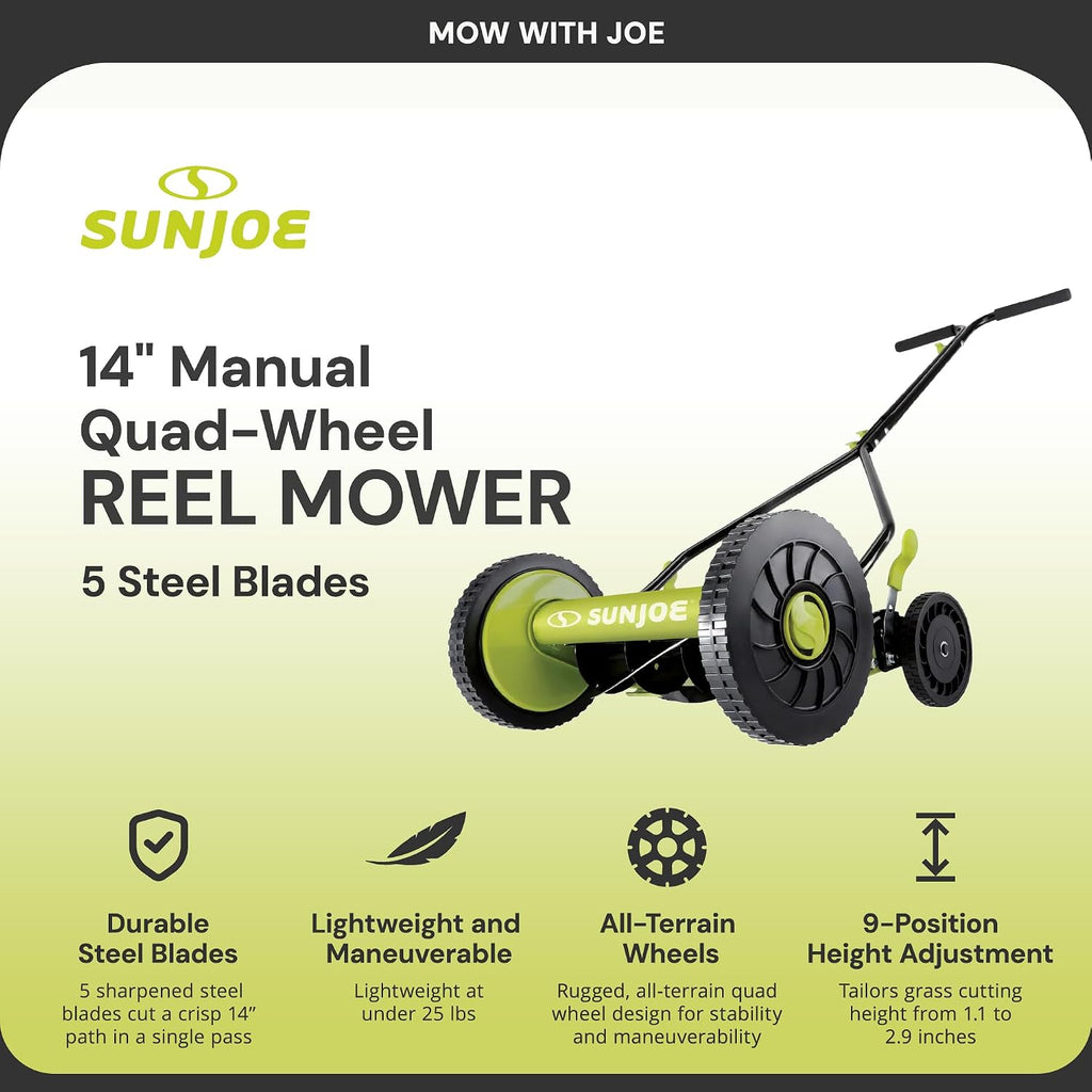 Sun Joe Manual Push Reel Lawn Mower with 9 Adjustable Positions, 14-Inch Cutting Width - Heavy-Duty Yard Trimming Machine for Gardening Care and Maintenance, MJ503M