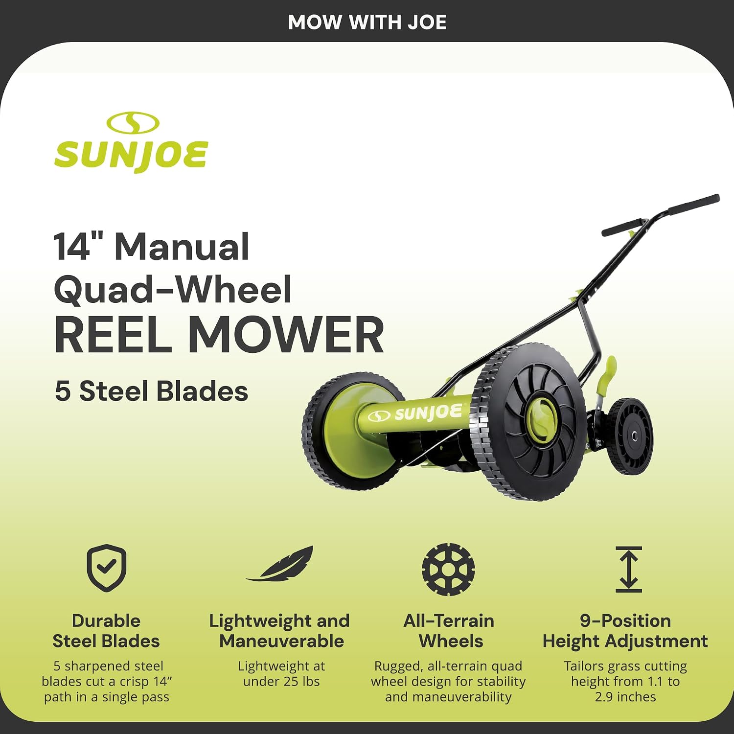 Sun Joe Manual Push Reel Lawn Mower with 9 Adjustable Positions, 14-Inch Cutting Width - Heavy-Duty Yard Trimming Machine for Gardening Care and Maintenance, MJ503M