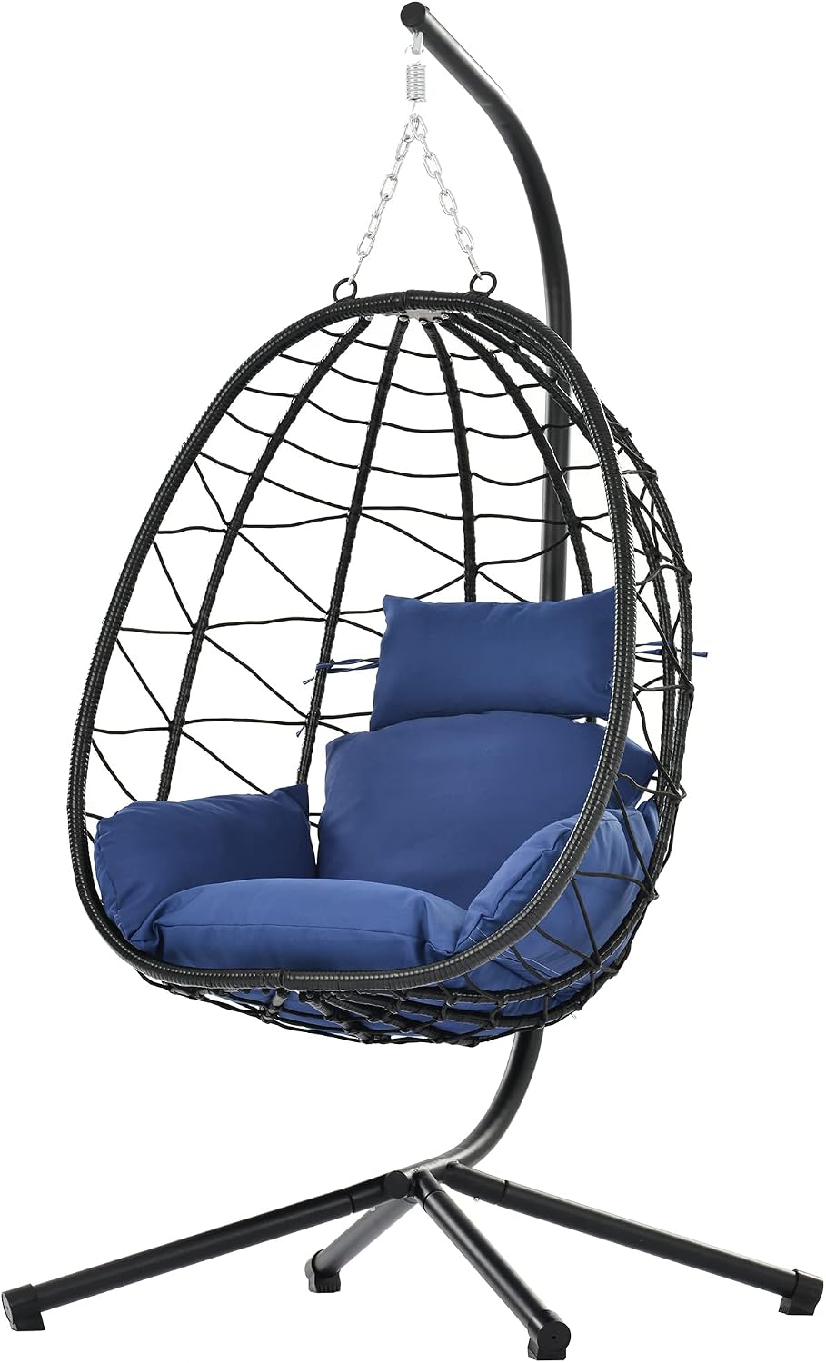 KEIKI Hanging Egg Chair with Stand, Outdoor Patio Swing Egg Basket with Cushion, 350LBS Load Rattan Wicker Hammock for Balcony, Bedroom, Living Room, Navy Blue