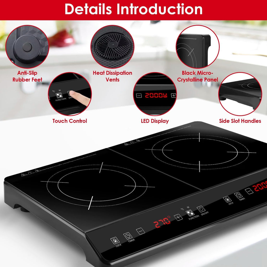 Double Induction Cooktop, 4000W Portable Induction Cooker with 2 Burner Independent Control, Electric Stove with 9 Level Temperature Control, 3 Hour Timer, Safety Lock