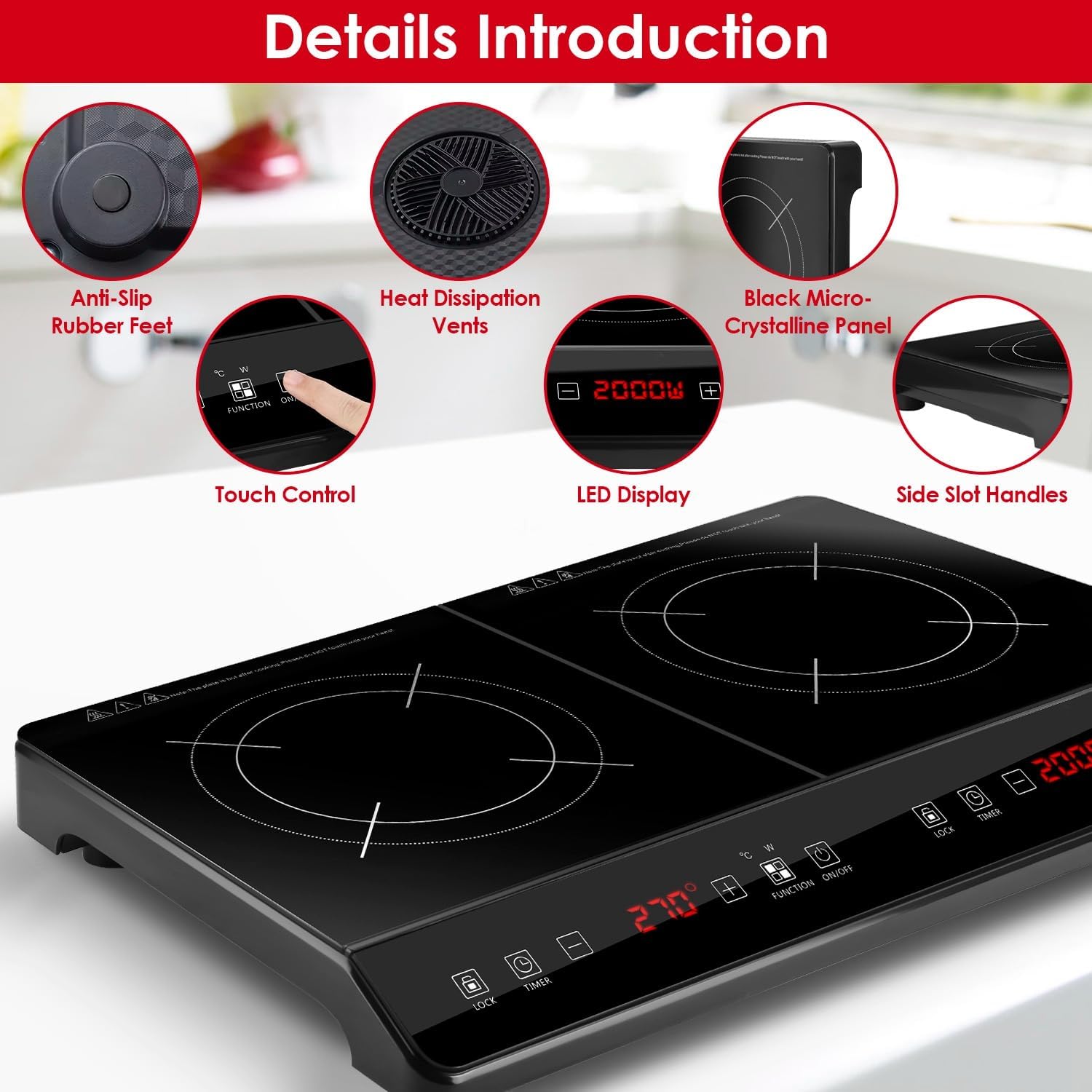Double Induction Cooktop, 4000W Portable Induction Cooker with 2 Burner Independent Control, Electric Stove with 9 Level Temperature Control, 3 Hour Timer, Safety Lock