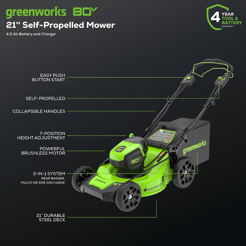 Greenworks 80V 21' Brushless Cordless (Self-Propelled) Lawn Mower (75+ Compatible Tools), 4.0Ah Battery and 60 Minute Rapid Charger Included