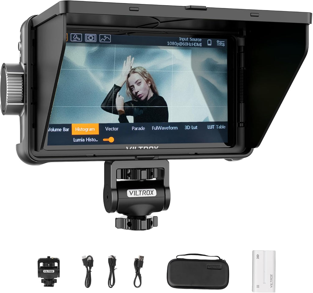 VILTROX 5.5 Inch 1200nits 4Kp30 HDMI Video Field Monitor, 10bit HDR Daylight Viewable 1920 x 1080 Portable Monitor Recorder, Hot Shoe Mount, Battery, Sunshine Hood