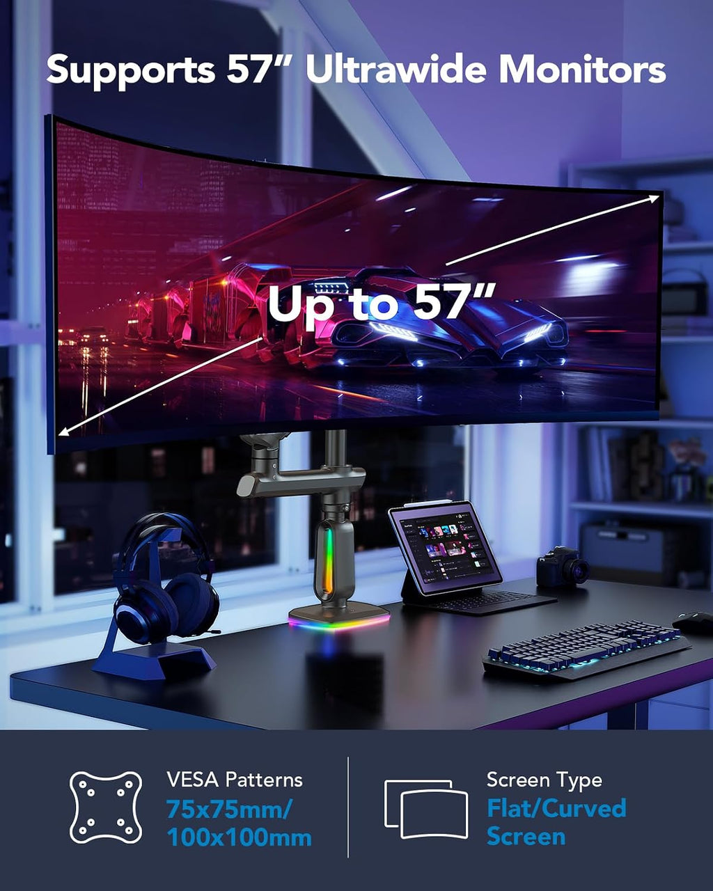 HUANUO RGB Heavy Duty Monitor Arm for Ultrawide Screens up to 57', Holds 44 lbs, Tall Ultrawide Monitor Stand with 29.1' Max Height, Fully Adjustable Single Computer Desk Mount, Max VESA 100x100mm
