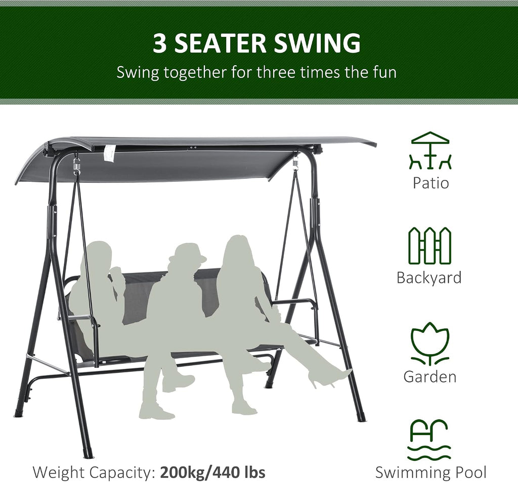 Outsunny 3-Person Porch Swing with Stand, Outdoor Swing for Patio Porch with Adjustable Tilt Canopy and Comfortable Swing Bench-Style Seat, Steel Frame, Gray