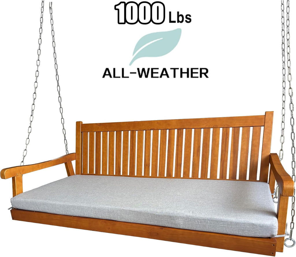 6 FT Wooden Porch Swing Bed with Thick Cushion – Outdoor Hanging Daybed for Patio or Porch, Solid Fir Wood Frame, Weather-Resistant, Heavy Duty 1000 LBS (Teak Tone)