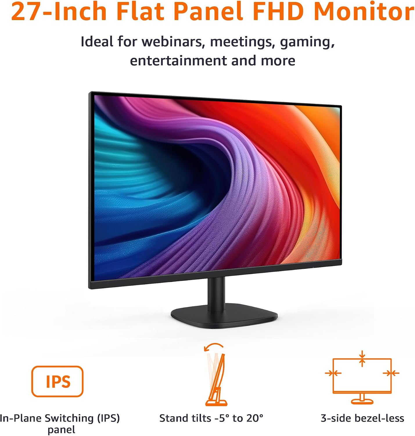 Amazon Basics 27 Inch Monitor, FHD 1080P, 100Hz, IPS, Built-in Speakers, VESA Compatible, USB Ports, Black