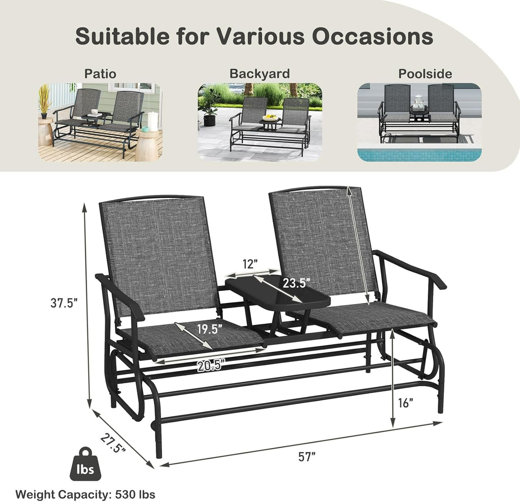 Tangkula 2 Person Swing Glider Chair, Patio Rocking Loveseat w/Center Tempered Glass Table, Outdoor Swing Bench w/Steel Frame & Breathable Mesh Fabric for Porch, Balcony, Poolside (Grey)