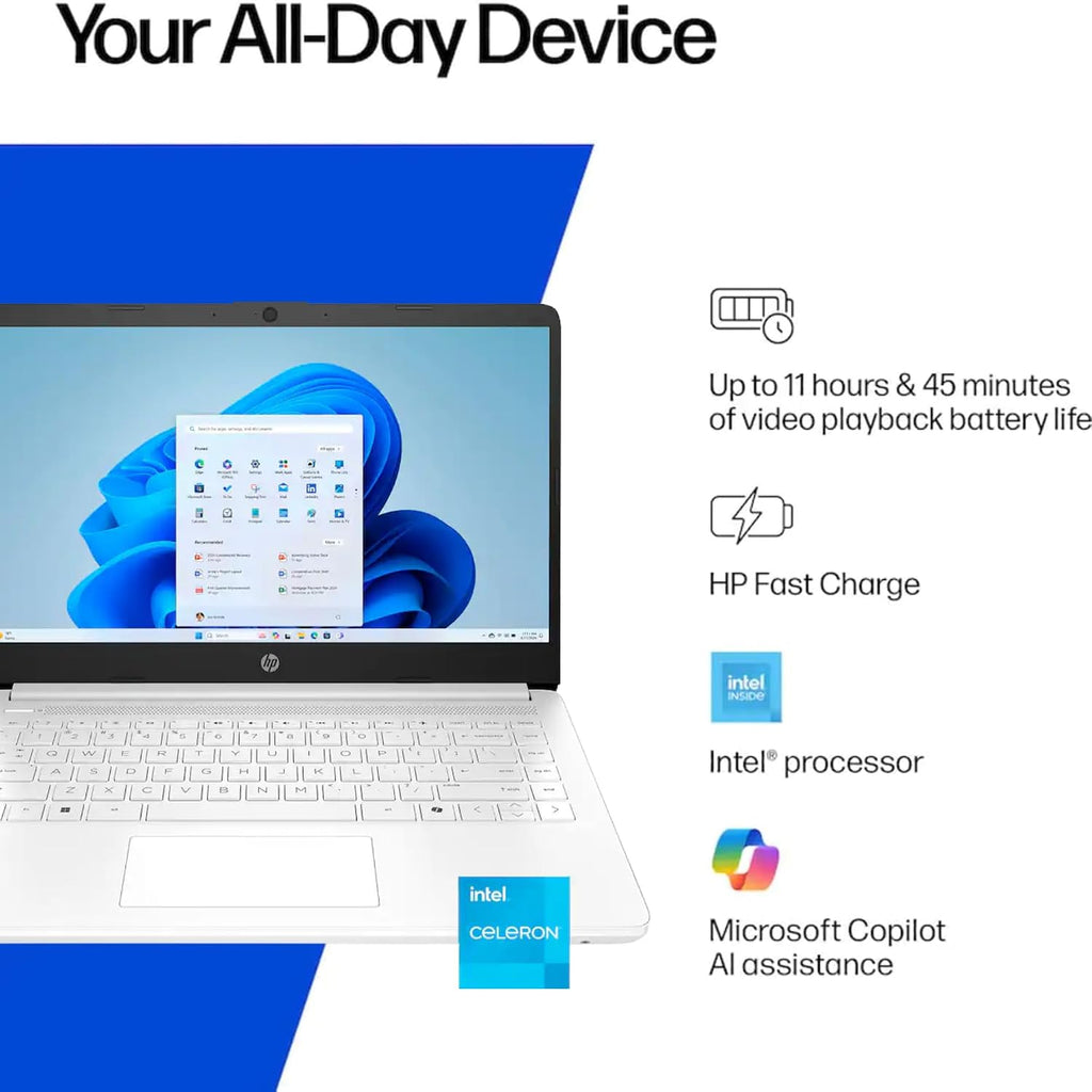 HP Everyday Laptop | Office 365 | Intel Quad-Core Processor | 11.5 HRs Battery | 64GB SSD, 8GB RAM | Copilot AI Windows 11 w/o Mouse