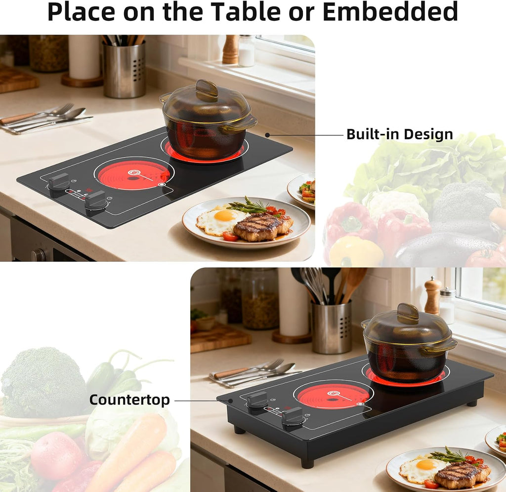 VBGK electric hob,Built-in Design and Countertop Stove Top with Knob Control&Touch Control,9 Power Level, Timer & Kid Safety Lock,220V 2100W 2 burner electric hob
