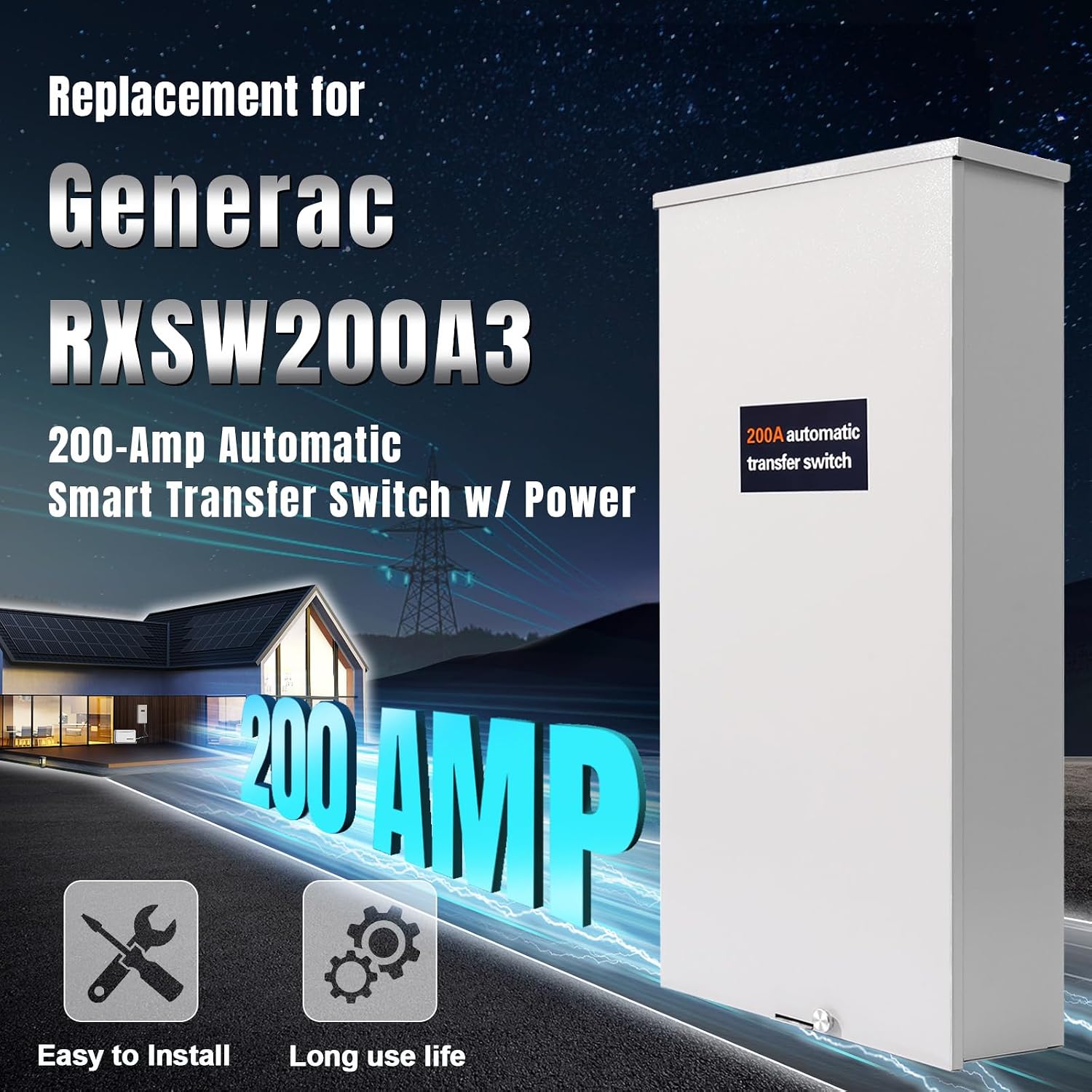 200 Amp Automatic Transfer Switch Replacement for Generac RXSW200A3,w/Power Management 120/240V, 1-Phase, Open Transition Service Rated, NEMA 3R Aluminum Enclosure for Indoor and Outdoor Use