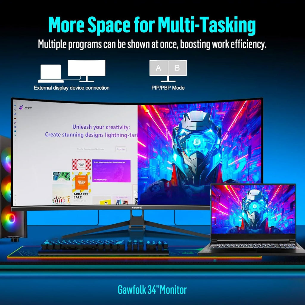 Gawfolk 34 Inch Ultrawide Curved Gaming Monitor, 21:9 WQHD 3440x1440 165Hz Curved 1500R Computer Monitor PIP/PBP,1ms(MPRT) 127% sRGB,HDMI & DP,Tilt Adjustable,Panoramic for Office & Immersive Gaming