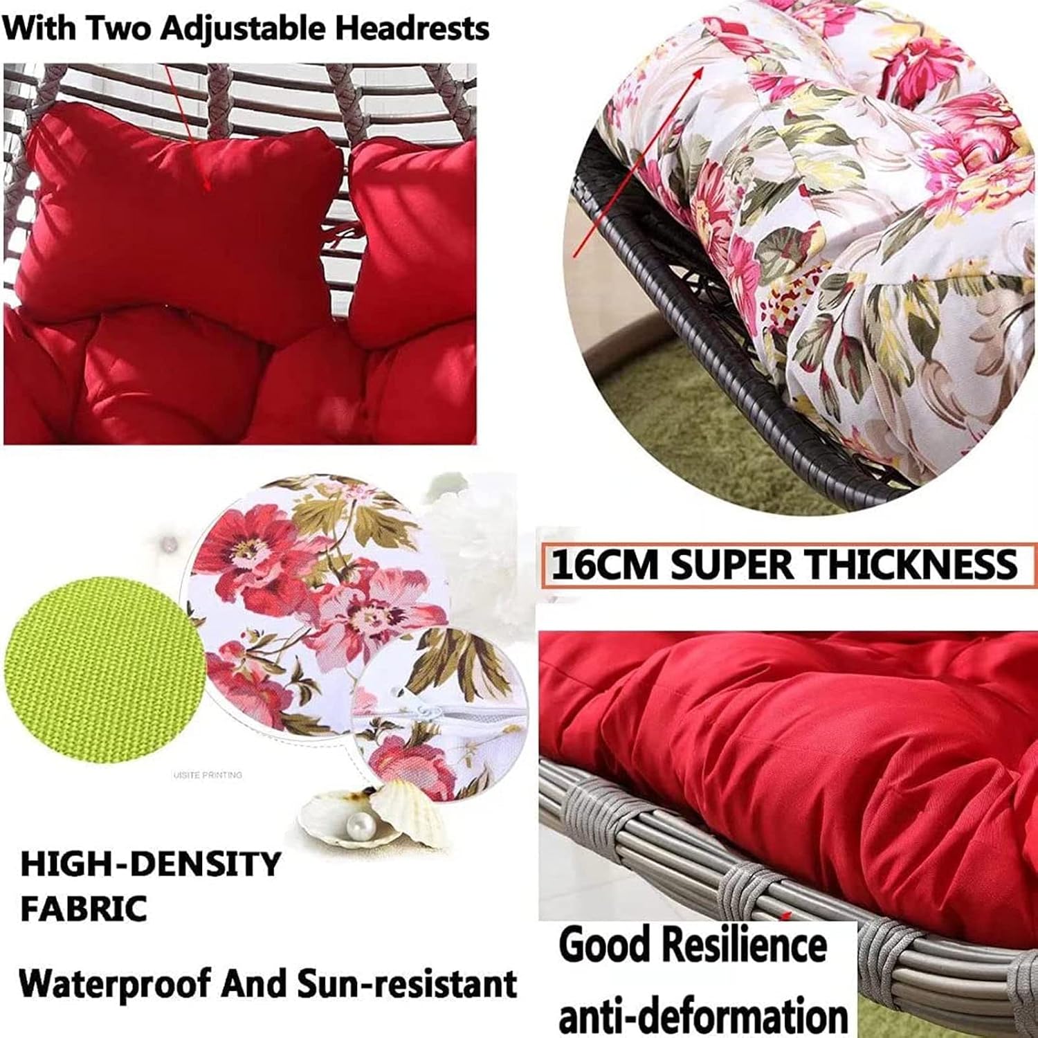 Replacement Double Egg Chair Cushion Outdoor Patio Wicker Loveseat Hanging Swing Egg Chairs for 2 Persons Ideal for Patio Backyard Balcony - Hammock Swing Chair Cushion