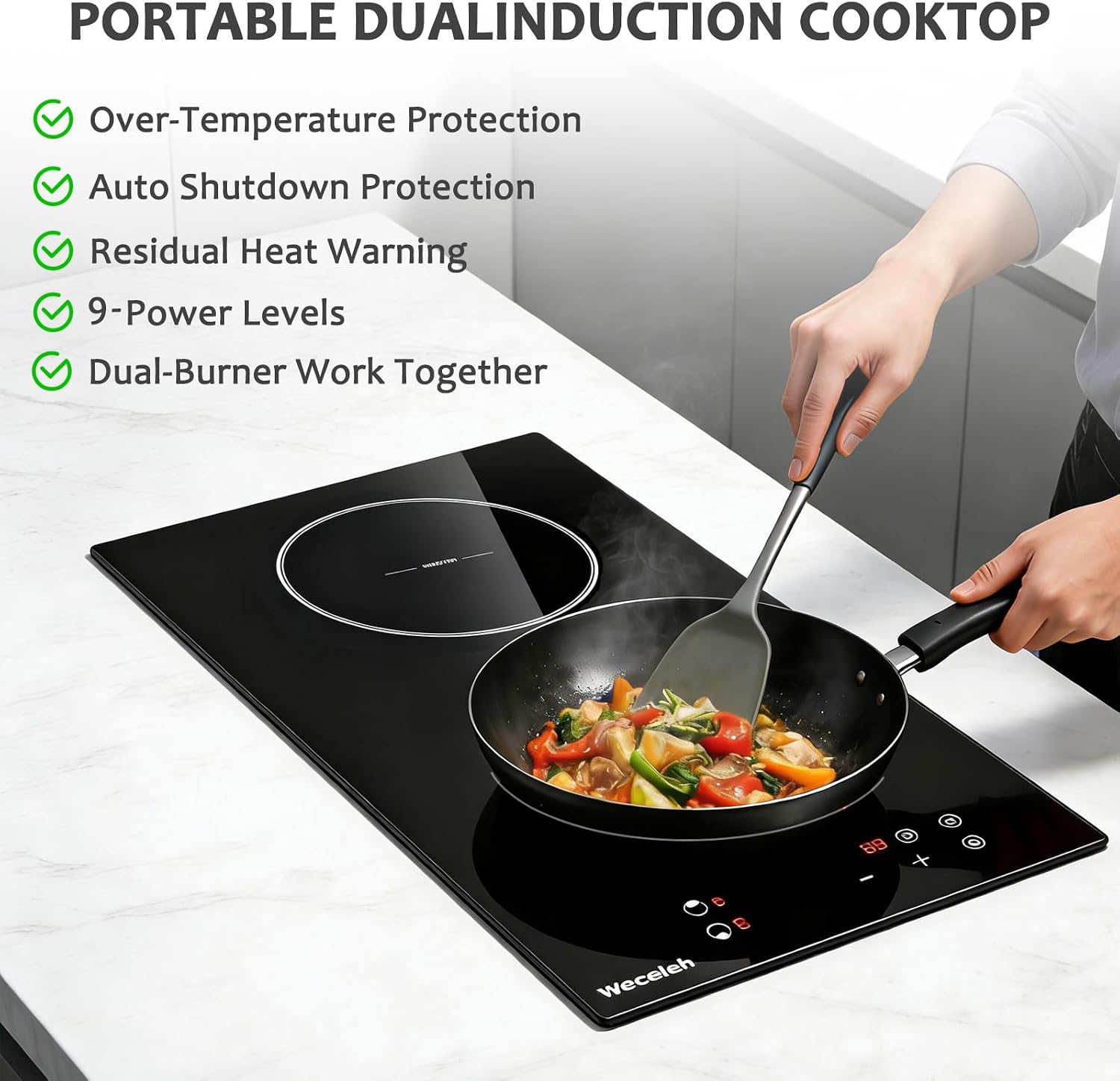 Double Induction Cooktop 3300W, Weceleh 2 Burner Induction Stove Top with 9 Power Levels, 12 Inch Electric Cooktop, Safety Lock, Timer, Plug-in, Built-in or Countertop, 110-120V