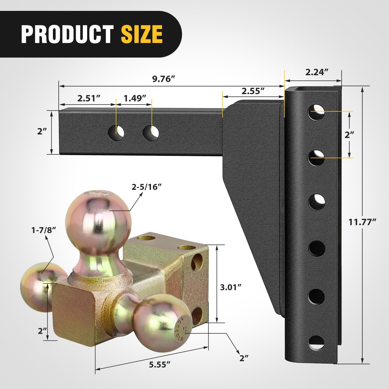 Nilight Adjustable Tri-Ball Trailer Hitch Mount 8 Inch Drop/Rise Hitch 1-7/8' 2' 2-5/16' Fits 2-Inch Receiver 15000lbs GTW for Heavy Duty Truck with Anti-Theft Pin