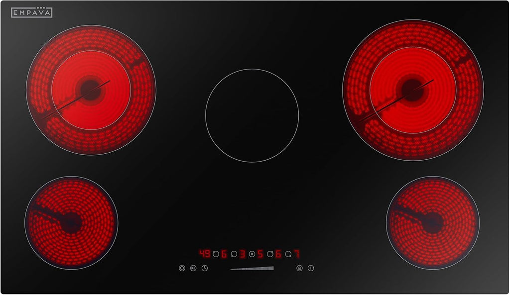 Empava 36 Inch Electric Ceramic Cooktop Built-in, 5 Radiant Burners with Dual Ring Rear Elements & 100W Insulation Zone, Touch Slider Control, Stop & Go, Child Lock, ETL Certified