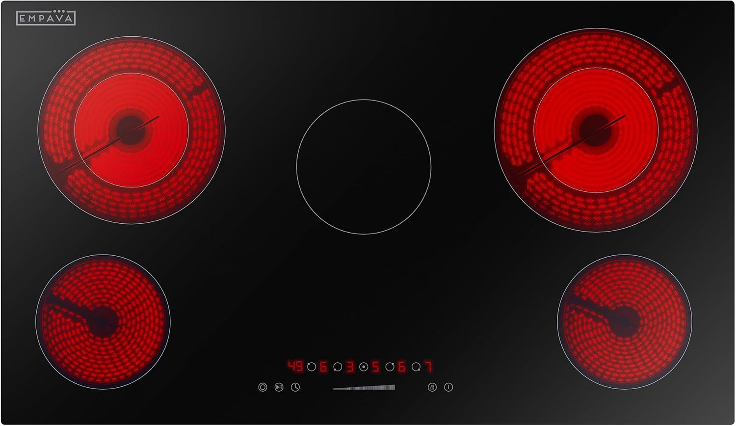 Empava 36 Inch Electric Ceramic Cooktop Built-in, 5 Radiant Burners with Dual Ring Rear Elements & 100W Insulation Zone, Touch Slider Control, Stop & Go, Child Lock, ETL Certified
