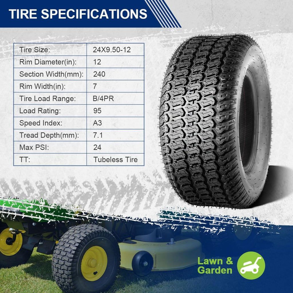 MaxAuto 2Pcs 24X9.50-12 Lawn Mower Tires 24x9.5x12 Riding Tractor Turf Tire 4PR Load Range B