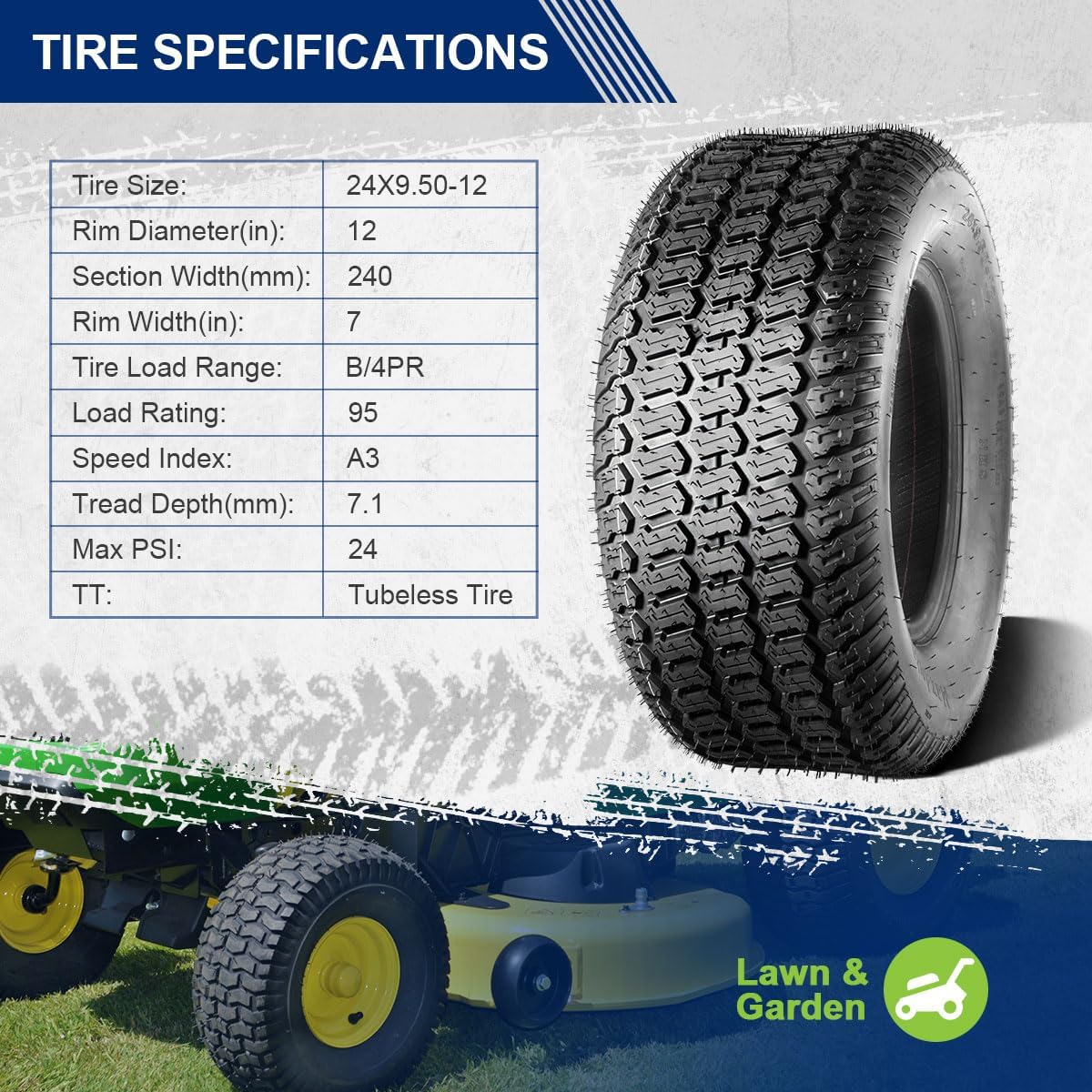 MaxAuto 2Pcs 24X9.50-12 Lawn Mower Tires 24x9.5x12 Riding Tractor Turf Tire 4PR Load Range B