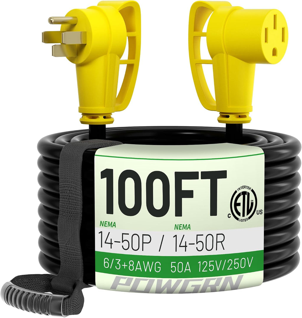 POWGRN NEMA 14-50P to NEMA 14-50R 50 Amp RV/EV Extension Cord 100 FT Outdoor with Grip Handle, Flexible Heavy Duty RV Power Cord Waterproof, 50A 125/250V 6250/12500W STW, Black-Yellow, ETL Listed