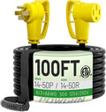 POWGRN NEMA 14-50P to NEMA 14-50R 50 Amp RV/EV Extension Cord 100 FT Outdoor with Grip Handle, Flexible Heavy Duty RV Power Cord Waterproof, 50A 125/250V 6250/12500W STW, Black-Yellow, ETL Listed