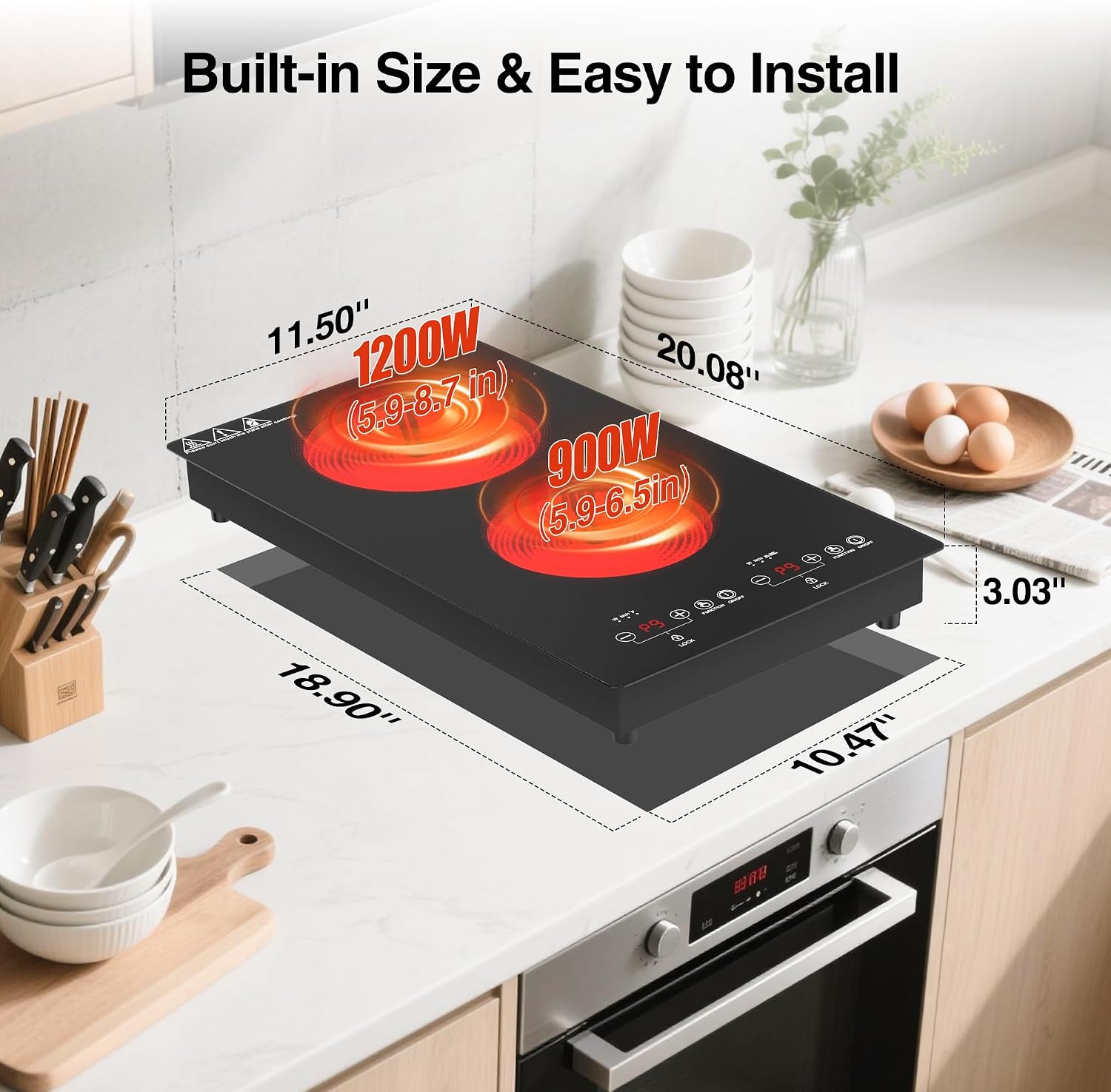 WABK Electric Cooktop 2 Burners, 12' Electric Stove Top with Plug in, Sensor Control Countertop & Built-in Ceramic Cooktop, Keep-Warm, 9 Heating Level, Timer, Child Lock, Compatible with All Cookware