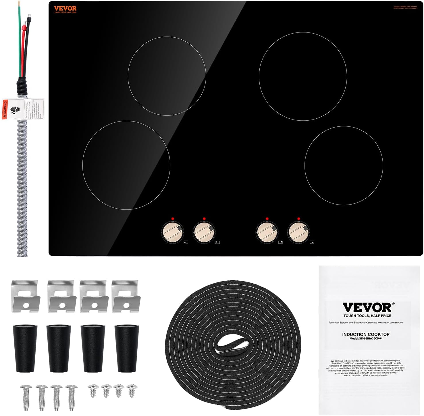 VEVOR Induction Cooktop, 6600W Electric Countertop Burner, 4 Burner Knob Control Stove, Built-in Induction Cooktop with 12 Temperature Settings, Glass Surface, Auto Shut-Off