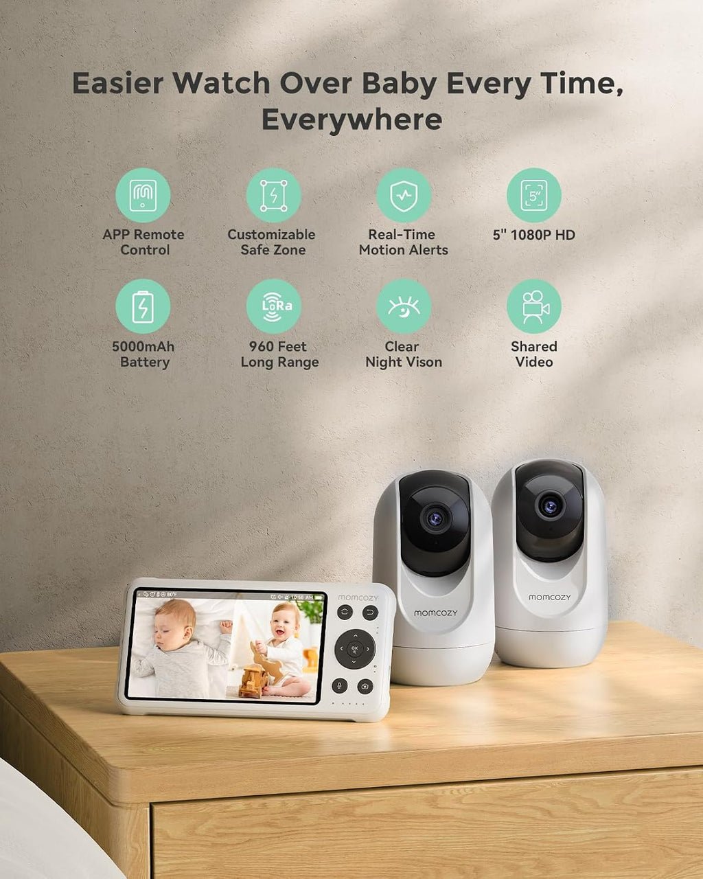 Momcozy BM04 Smart WiFi Baby Monitor with 2 Cameras, 5' 1080P Split Screen Video Baby Monitor with Camera and Audio, Motion Detection, Electric Fence, Clear Night Vision, 2-Way Audio, 5000mAh Battery